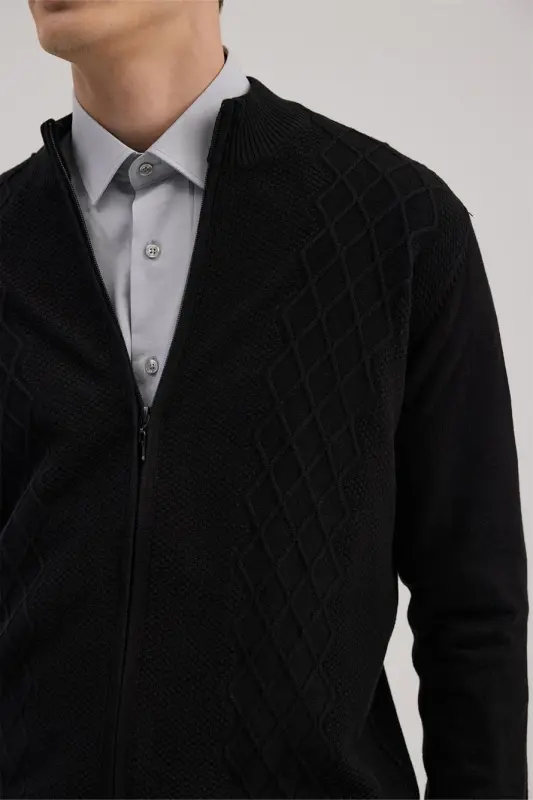 Qora Regular Fit naqshli fermuarli trikotaj kardigan - 3