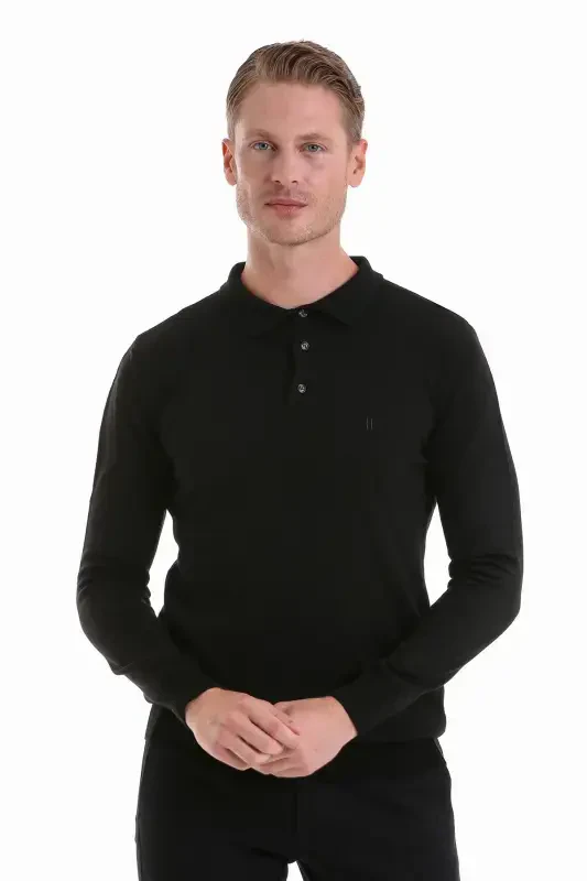Qora Regular Fit tekis polo yoqali trikotaj kozok-qora - HATEMOĞLU