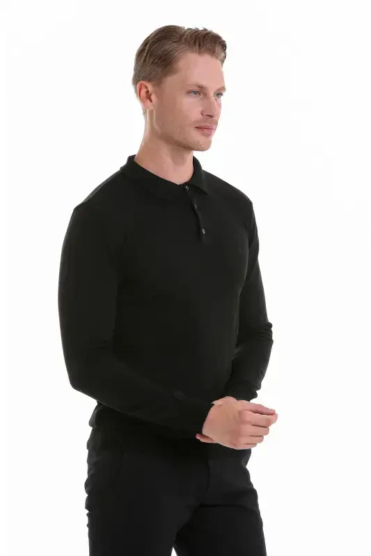 Qora Regular Fit tekis polo yoqali trikotaj kozok-qora - 5