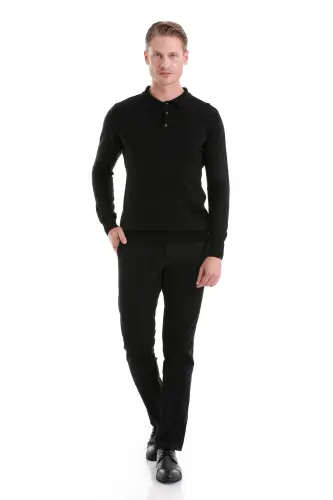 Qora Regular Fit tekis polo yoqali trikotaj kozok-qora - 2