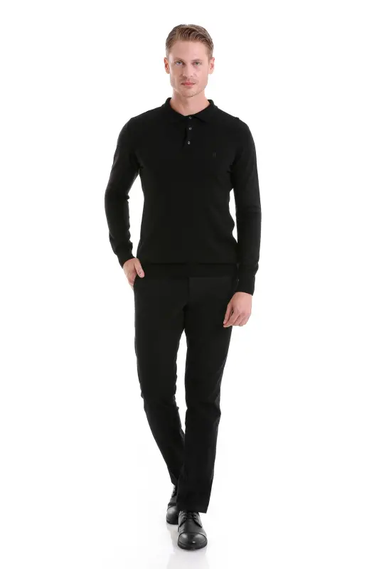 Qora Regular Fit tekis polo yoqali trikotaj kozok-qora - 2