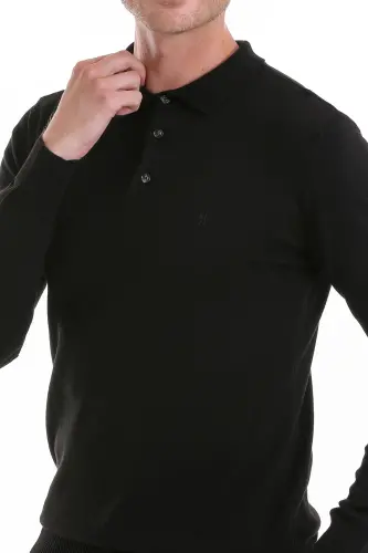 Qora Regular Fit tekis polo yoqali trikotaj kozok-qora - 4