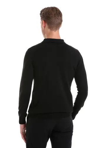 Qora Regular Fit tekis polo yoqali trikotaj kozok-qora - 6
