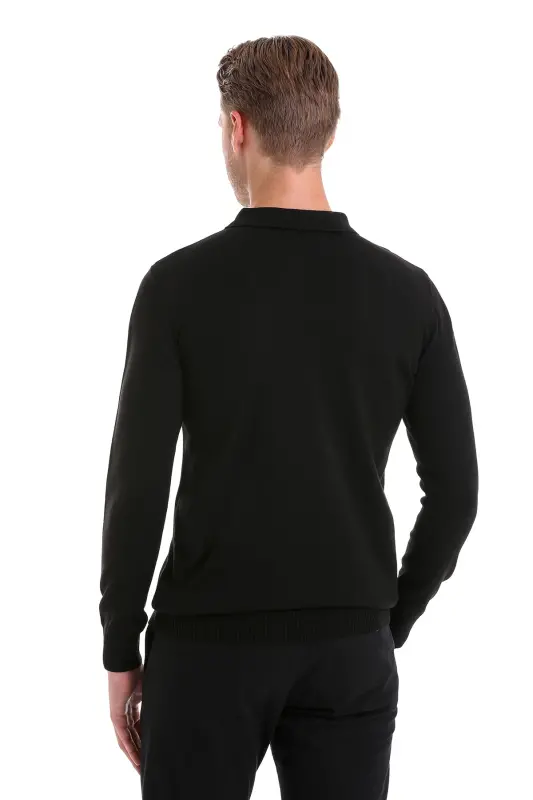 Qora Regular Fit tekis polo yoqali trikotaj kozok-qora - 6