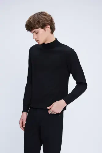 Qora Regular Fit tekis yarim balıkçı yoqali jun triko - 3