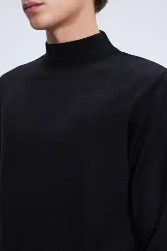 Qora Regular Fit tekis yarim balıkçı yoqali jun triko - 4