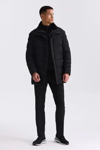 Qora Regular Fit Yoqali Mo'ynali Tugmali Shimshirilgan Kurtka - 2