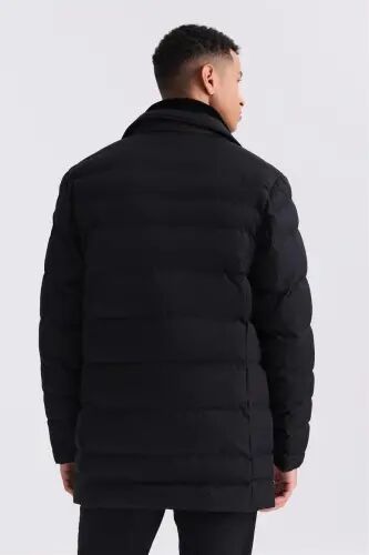Qora Regular Fit Yoqali Mo'ynali Tugmali Shimshirilgan Kurtka - 3