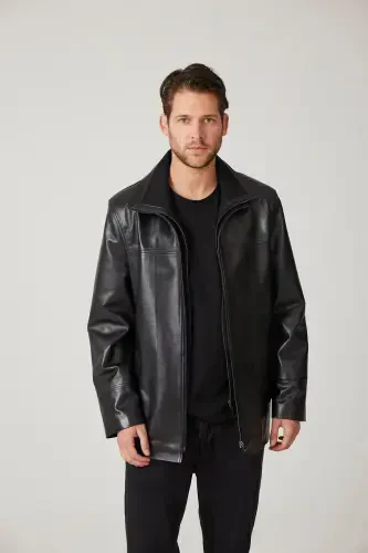 Qora Sheldon fermuar bilan yechiladigan trikotaj yoqali fermuarli qulfi keng kesilgan haqiqiy erkaklar charm paltosi-Qora - 1