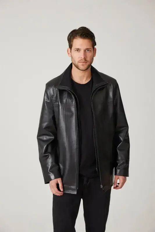 Qora Sheldon fermuar bilan yechiladigan trikotaj yoqali fermuarli qulfi keng kesilgan haqiqiy erkaklar charm paltosi-Qora - 1