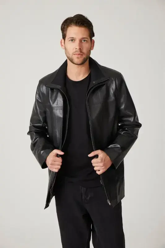 Qora Sheldon fermuar bilan yechiladigan trikotaj yoqali fermuarli qulfi keng kesilgan haqiqiy erkaklar charm paltosi-Qora - 2