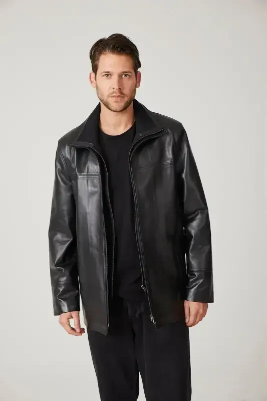 Qora Sheldon fermuar bilan yechiladigan trikotaj yoqali fermuarli qulfi keng kesilgan haqiqiy erkaklar charm paltosi-Qora - 4