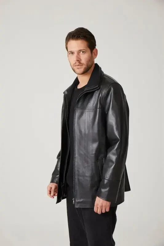 Qora Sheldon fermuar bilan yechiladigan trikotaj yoqali fermuarli qulfi keng kesilgan haqiqiy erkaklar charm paltosi-Qora - 5