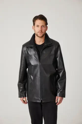 Qora Sheldon fermuar bilan yechiladigan trikotaj yoqali fermuarli qulfi keng kesilgan haqiqiy erkaklar charm paltosi-Qora - 6