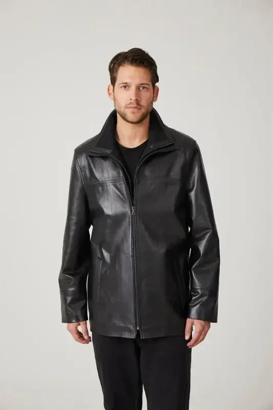 Qora Sheldon fermuar bilan yechiladigan trikotaj yoqali fermuarli qulfi keng kesilgan haqiqiy erkaklar charm paltosi-Qora - 6