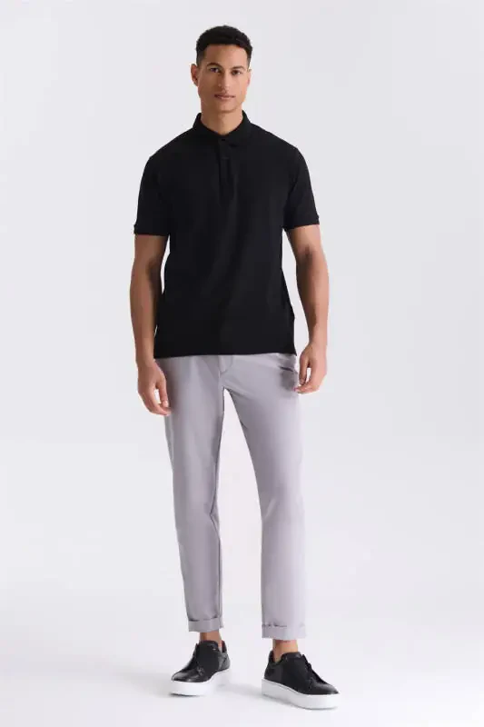 Qora Slim Fit 100% paxta merserizatsiyalangan polo yoqali futbolka - 2