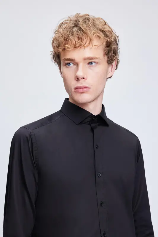 Qora Slim Fit 100% Paxta Ochiq Italyan Yoqali Uzun Q - 1