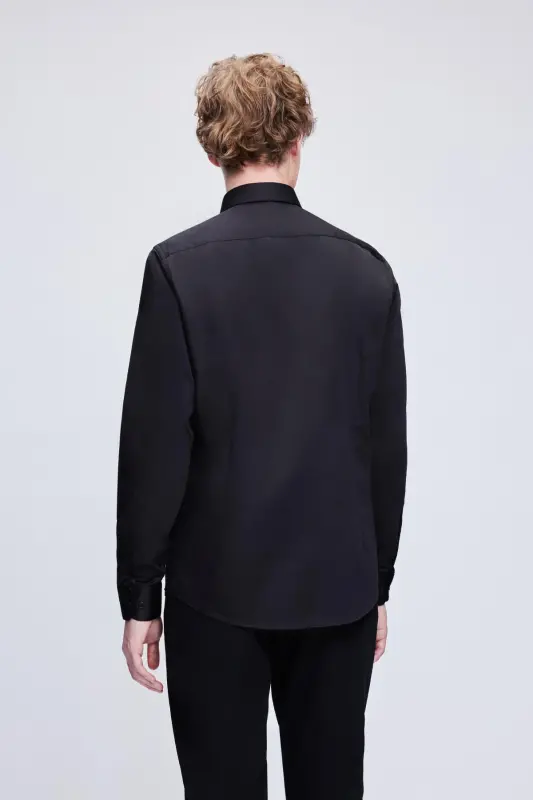 Qora Slim Fit 100% Paxta Ochiq Italyan Yoqali Uzun Q - 3