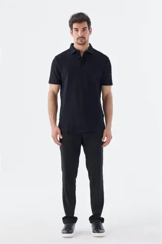 Qora Slim Fit 100% paxta Polo yoqaliq futbolkasi - Modazone (1)