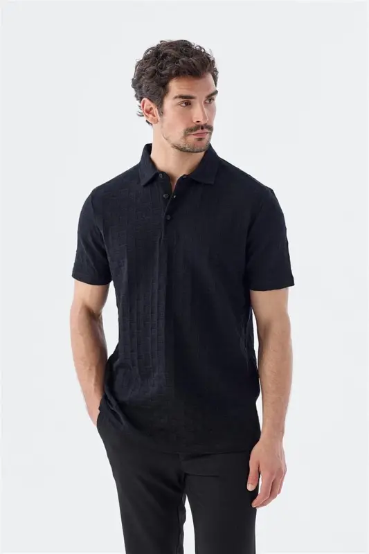 Qora Slim Fit 100% paxta Polo yoqaliq futbolkasi - 1