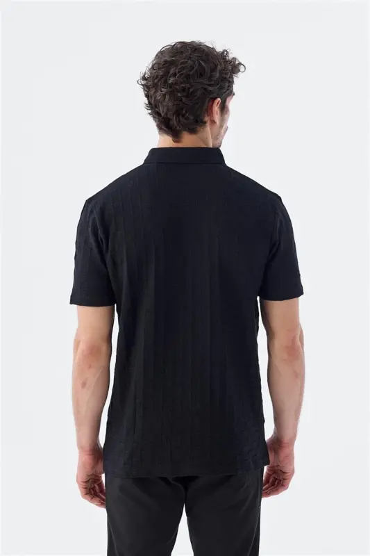 Qora Slim Fit 100% paxta Polo yoqaliq futbolkasi - 4