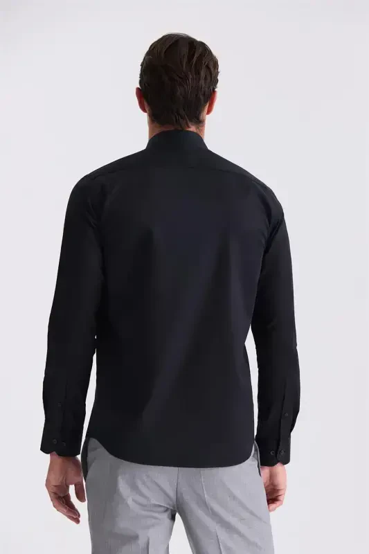 Qora Slim Fit Asosiy Tugmali 100% Paxta Ko'ylak - 3