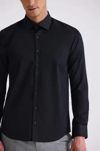 Qora Slim Fit Asosiy Tugmali 100% Paxta Ko'ylak - 4