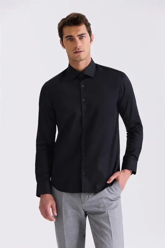 Qora Slim Fit Asosiy Tugmali 100% Paxta Ko'ylak - 1