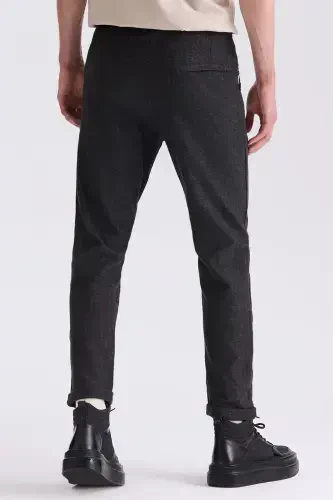 Qora Slim Fit Beli Rezinkali Chiziqli Jogger Shim - 4
