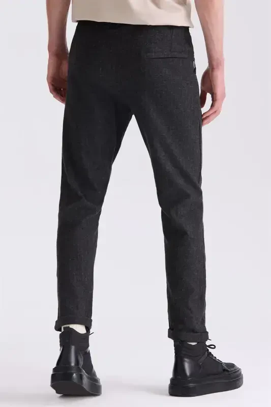 Qora Slim Fit Beli Rezinkali Chiziqli Jogger Shim - 4
