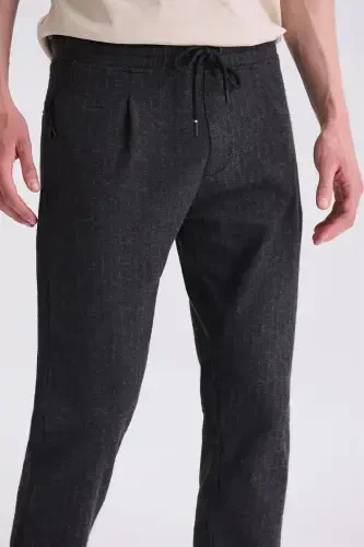Qora Slim Fit Beli Rezinkali Chiziqli Jogger Shim - 3