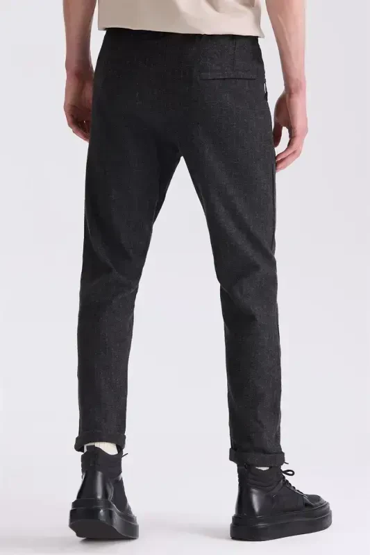 Qora Slim Fit Beli Rezinkali Chiziqli Jogger Shim - 4