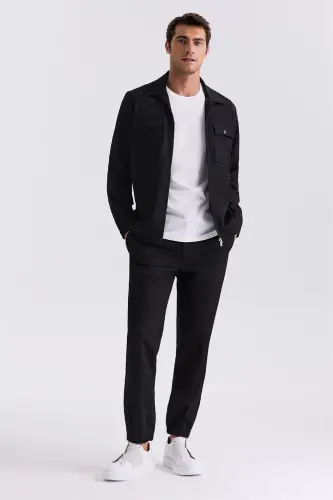 Qora Slim Fit Berberi Yoqali Sportiv Kostyum - 1