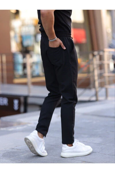 Qora Slim Fit bog'lab qo'yiladigan, elastik belbog'li, to'g'ri oyoqli, to'qimalı erkaklar uchun jogger shimlari - DOMODA (1)