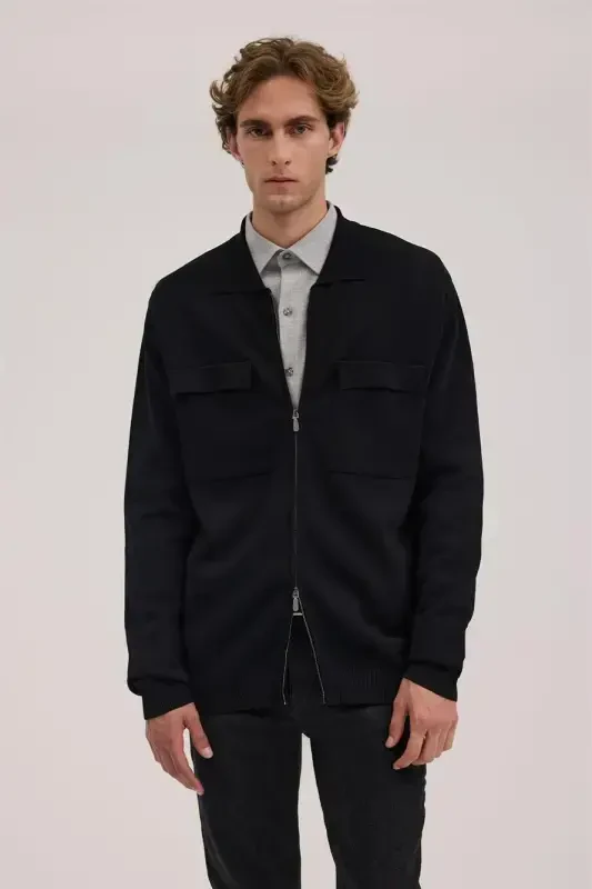 Qora Slim Fit Bolalar Yoqali Fermuarli Cho'ntakli Rayon Trikotaj Kurtka - JAKAMEN