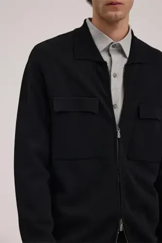 Qora Slim Fit Bolalar Yoqali Fermuarli Cho'ntakli Rayon Trikotaj Kurtka - 3