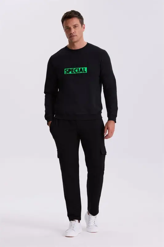 Qora Slim Fit Bosma Velosiped Yoqasi 100% Paxta SweatShirt - 1