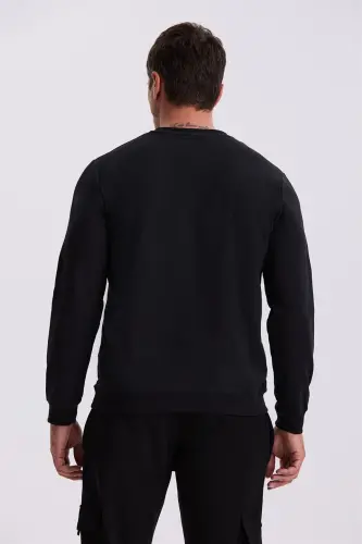 Qora Slim Fit Bosma Velosiped Yoqasi 100% Paxta SweatShirt - 3