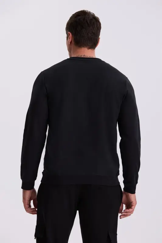 Qora Slim Fit Bosma Velosiped Yoqasi 100% Paxta SweatShirt - 3