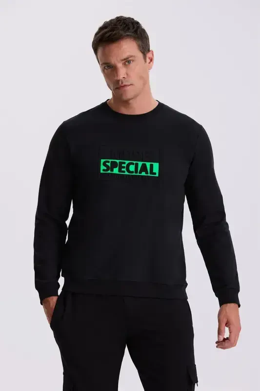 Qora Slim Fit Bosma Velosiped Yoqasi 100% Paxta SweatShirt - 2