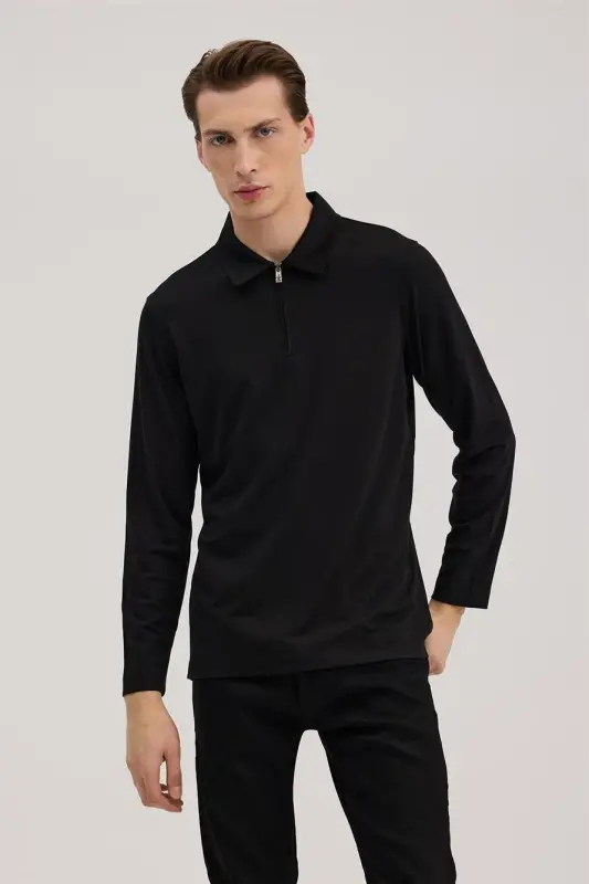 Qora Slim Fit Fermuarli Polo Yoqali Svitchot - JAKAMEN