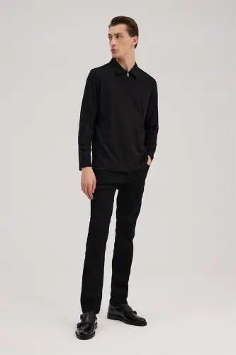 Qora Slim Fit Fermuarli Polo Yoqali Svitchot - JAKAMEN (1)