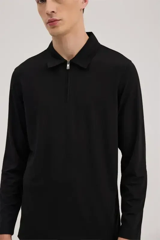 Qora Slim Fit Fermuarli Polo Yoqali Svitchot - 3