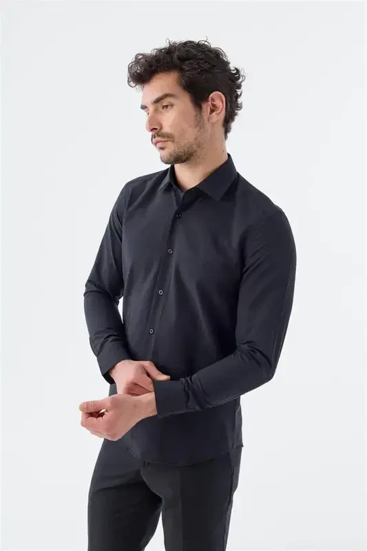 Qora Slim Fit Italiya Yoqasida Uzun Qolli Klassik Galstukli Paxta Koʻylak - 1