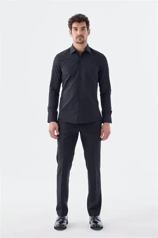 Qora Slim Fit Italiya Yoqasida Uzun Qolli Klassik Galstukli Paxta Koʻylak - 2