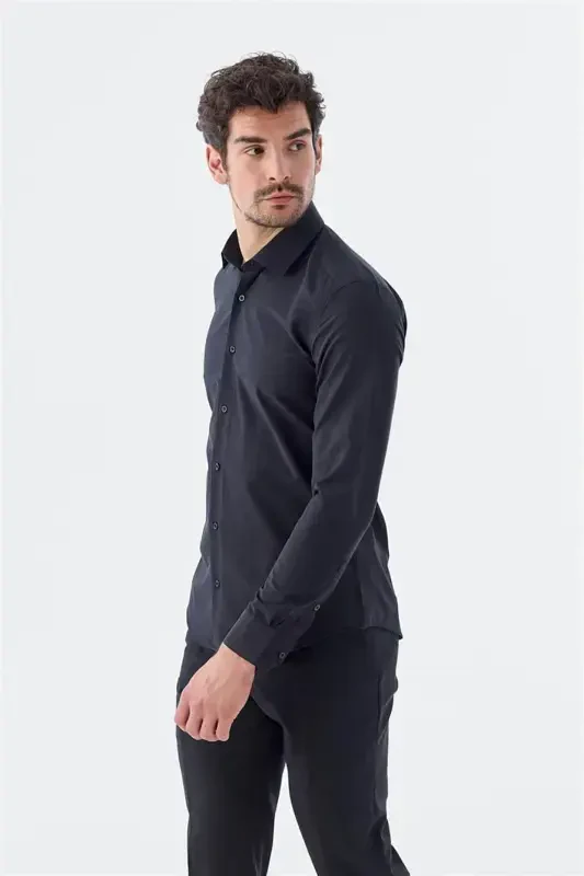Qora Slim Fit Italiya Yoqasida Uzun Qolli Klassik Galstukli Paxta Koʻylak - 3