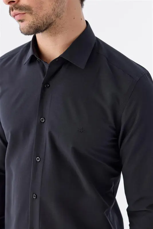 Qora Slim Fit Italiya Yoqasida Uzun Qolli Klassik Galstukli Paxta Koʻylak - 4