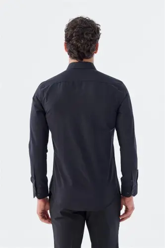 Qora Slim Fit Italiya Yoqasida Uzun Qolli Klassik Galstukli Paxta Koʻylak - 5