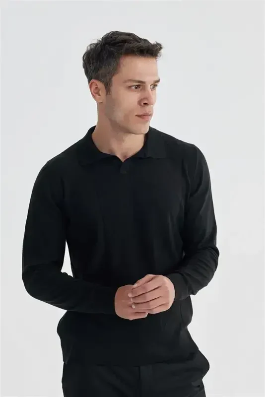 Qora Slim Fit Jun Kaşmir Aralash Naqshli Polo Yoqali Triko - Modazone