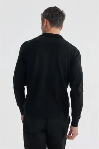Qora Slim Fit Jun Kaşmir Aralash Naqshli Polo Yoqali Triko - 4